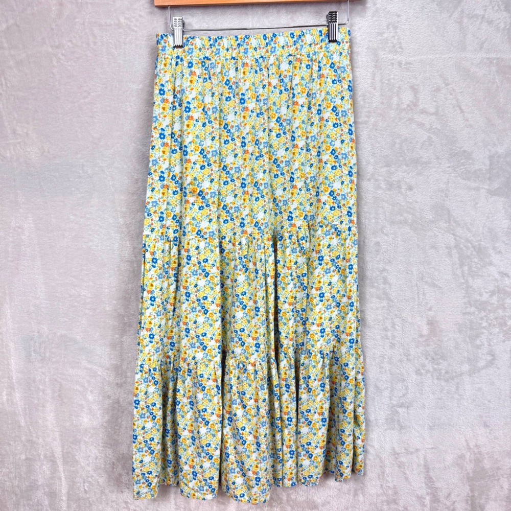 KIRUNDO Womens‎ Floral Tiered Maxi Skirt Blue Yellow Boho Cottagecore Small